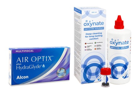 Air Optix Plus Hydraglyde Multifocal (3 lenzen) + Oxynate Peroxide 380 ml met lenzendoosje